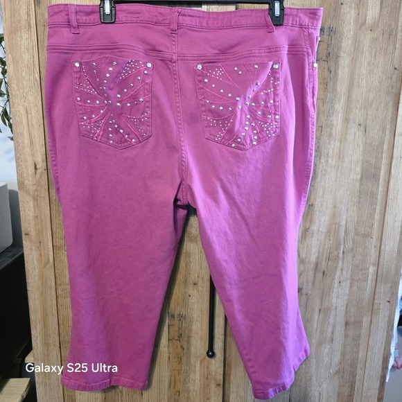 Faded Glory Pants - Faded Glory fushia red/dark pink embellished capri pants 26W bling Y2K?